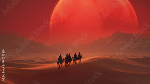 Desert nomad caravan crossing dunes under a gigantic red moon at night with swirling sand and long shadows creating a dramatic otherworldly scene