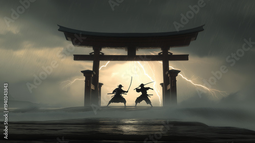 Samurai duel on a torii gate above stormy ocean waves in feudal Japan with lightning and dramatic skies