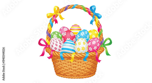 Delightful vector illustration of a woven wicker basket overflowing with brightly colored and decorated easter eggs