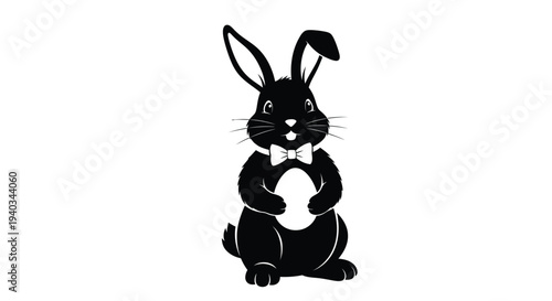 Charming black vector bunny illustration wearing a white bow tie and holding an easter egg graphic design