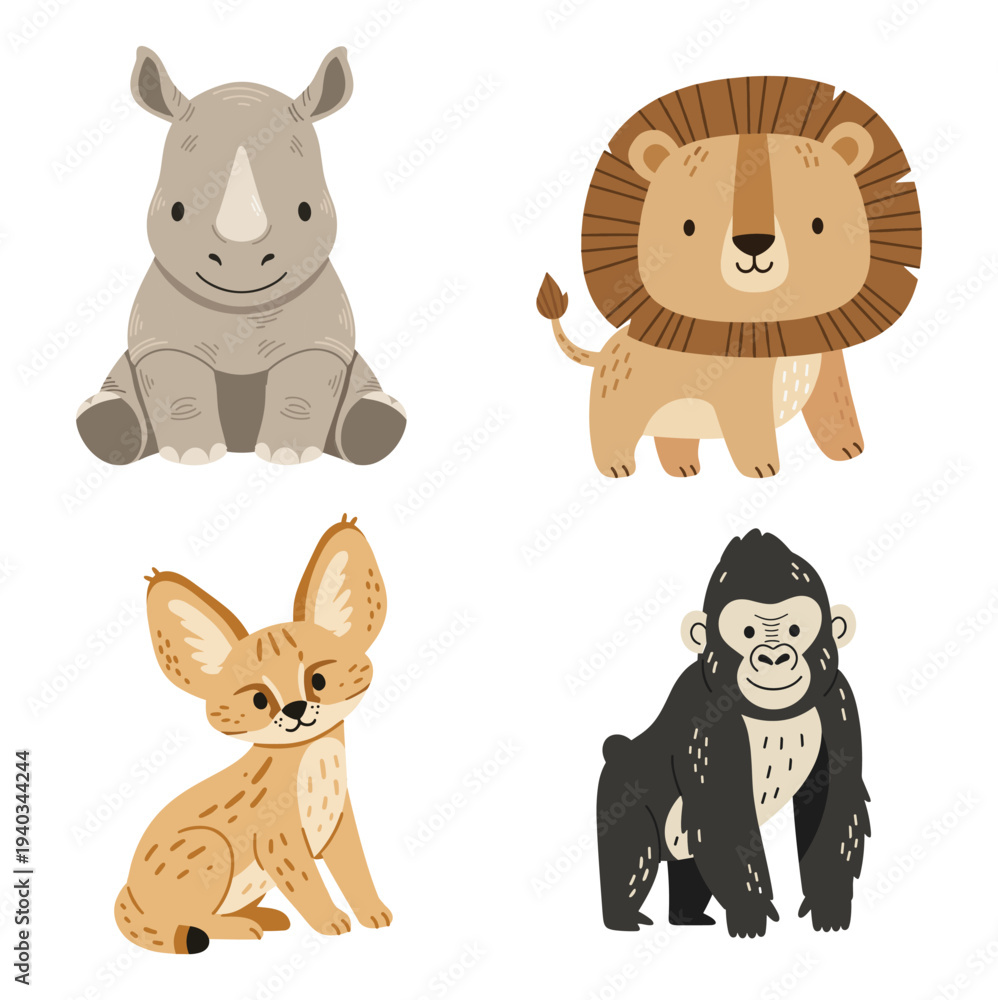 Naklejka premium Cute group of animals illustration in soft pastel safari nursery style