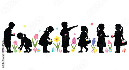 Black silhouette vector graphic design of children participating in a colorful spring Easter egg hunt activity