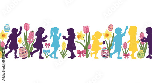 Playful vector illustration of happy children silhouettes hunting colorful Easter eggs among vibrant spring flowers.