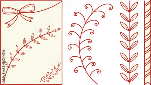Red line art floral patterns with bow and leaves on cream and white backgrounds for design and decoration