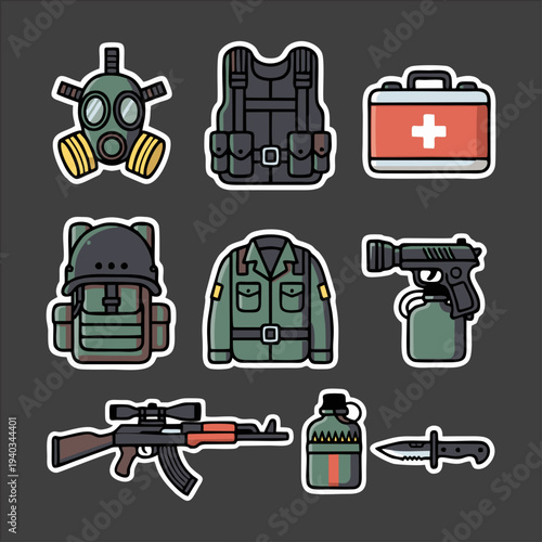 Military Equipment Icons Set – Tactical Gear and Survival Tools Vector Pack