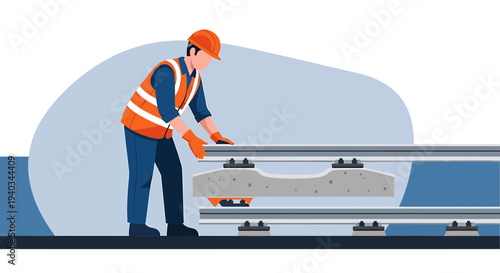 Construction worker installing concrete railway sleeper on railroad tracks