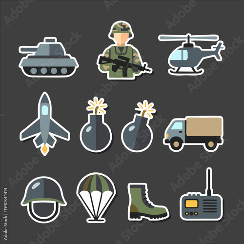 Military Equipment Icons Set – Tactical Gear and Survival Tools Vector Pack