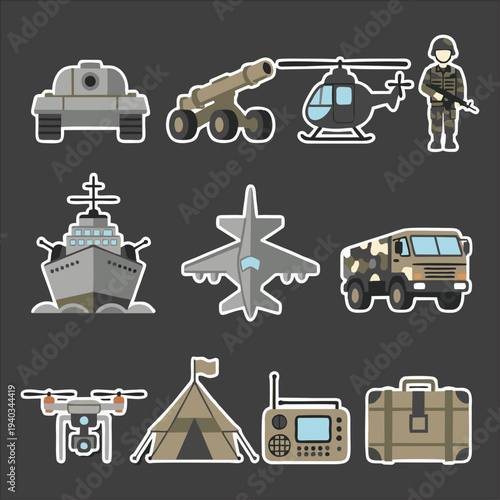 Military Equipment Icons Set – Tactical Gear and Survival Tools Vector Pack