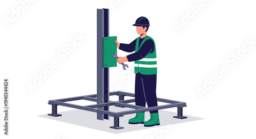 Construction worker installing electrical panel on metal frame structure