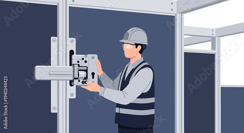 Construction worker installing heavy-duty lock on industrial door, safety equipment