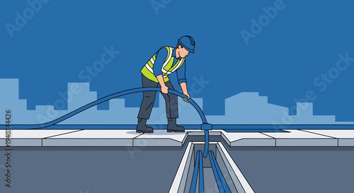 Construction worker installing fiber optic cables in city street trench