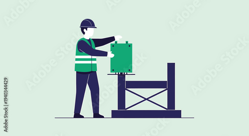Construction worker installing green equipment on industrial platform