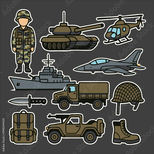 Military Equipment Icons Set – Tactical Gear and Survival Tools Vector Pack