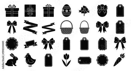 A collection of black silhouette vector graphic icons featuring easter and gift wrapping elements