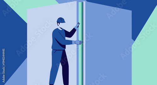 Construction worker installing insulation panel in a modern building structure