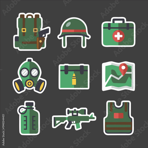 Military Equipment Icons Set – Tactical Gear and Survival Tools Vector Pack