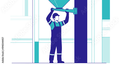 Construction worker installing equipment in industrial building, blue and white illustration
