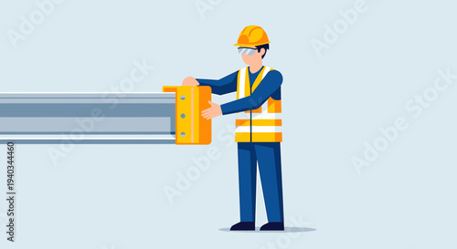 Construction worker installing metal beam with safety gear