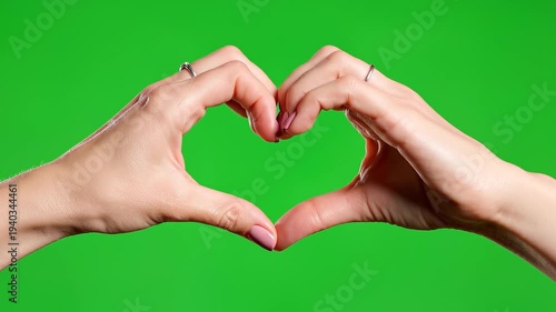Two hands forming a heart shape against a green background from a close-up front view