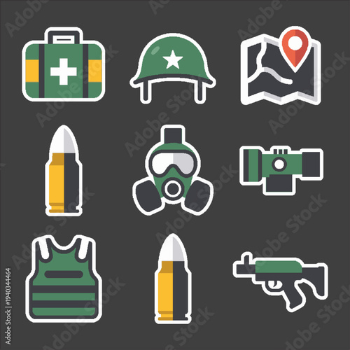 Military Equipment Icons Set – Tactical Gear and Survival Tools Vector Pack