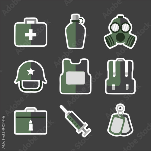 Military Equipment Icons Set – Tactical Gear and Survival Tools Vector Pack