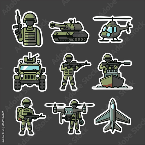 Military Equipment Icons Set – Tactical Gear and Survival Tools Vector Pack