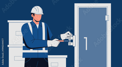 Construction worker installing lock on door, safety helmet, work uniform, industrial building