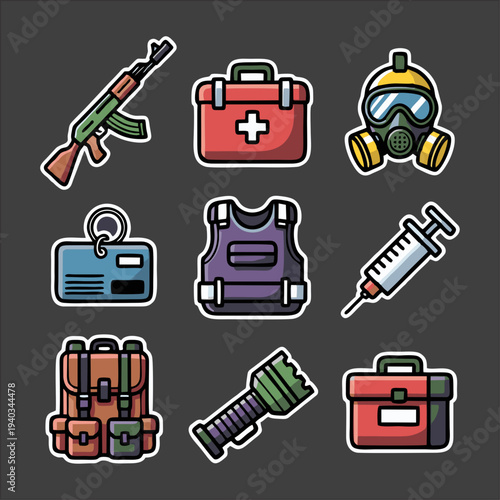 Military Equipment Icons Set – Tactical Gear and Survival Tools Vector Pack