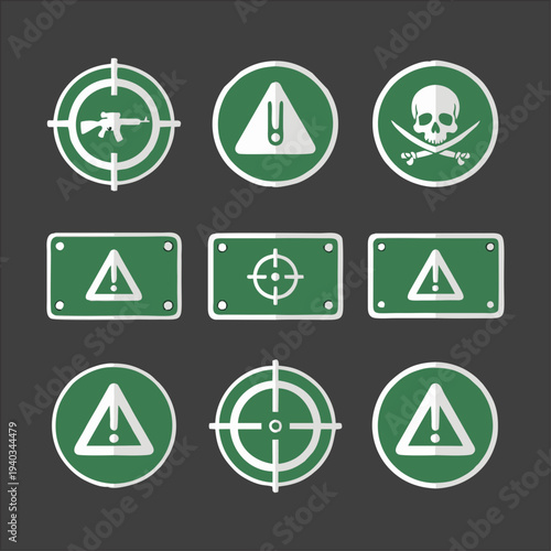 Military Equipment Icons Set – Tactical Gear and Survival Tools Vector Pack