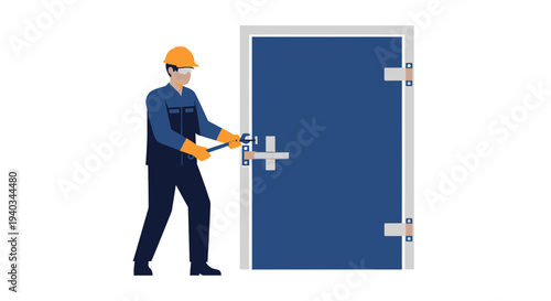 Construction worker installing lock on industrial door, safety and security concept