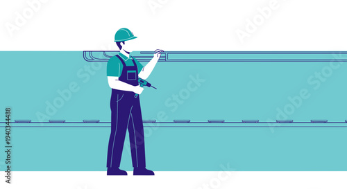 Construction worker installing metal siding on a building with a drill