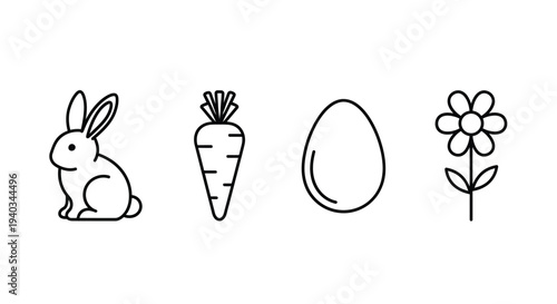 Simple black line art vector icons representing Easter bunny carrot egg and spring flower symbols