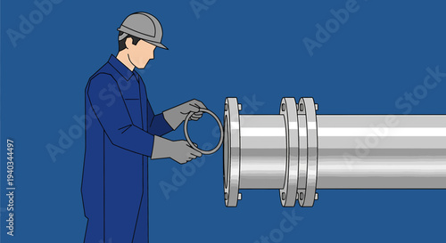 Construction worker installing pipe flange connection in industrial setting