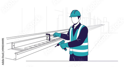 Construction worker installing metal frame with power drill, wearing hard hat and safety vest