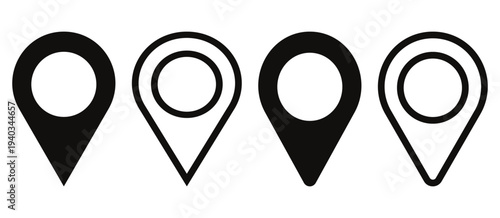 Map location pin icon set in outline and solid styles, GPS marker and geolocation symbol vector collection. Location pin icon collection with multiple styles. 