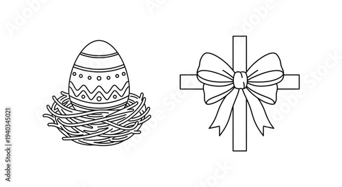Simple black line art vector design featuring an easter egg in a nest beside a cross with a bow