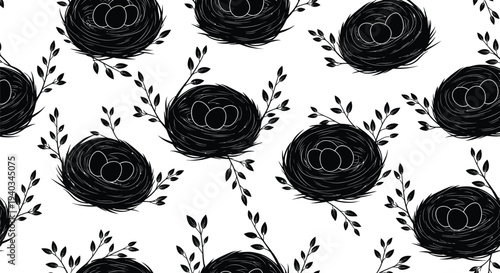 Minimalist black and white seamless vector illustration of bird nests with eggs and leafy branches design