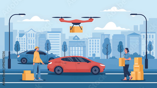Drone delivering a package to people with cars and city buildings, drone delivery package delivery