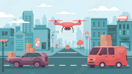 A red drone flies over a city street with a delivery van and a car flying through urban areas