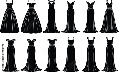 Elegant evening gown silhouette set, long women dress fashion collection vector black formal gowns isolated design illustration