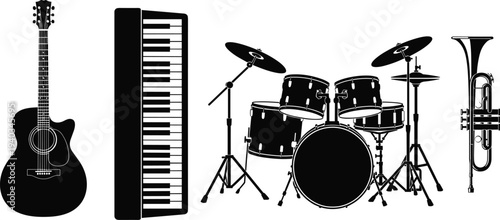 Musical instruments silhouette set guitar keyboard drum trumpet vector icons band equipment black illustration isolated on white background