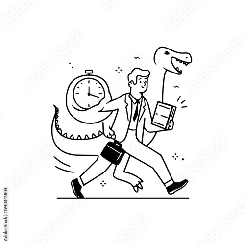 Man in suit running from dinosaur with clock briefcase and documents symbolizing work stress and time pressure in a humorous cartoon illustration