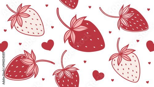 Strawberries and hearts pattern on white background sweet illustration for love and food concepts
