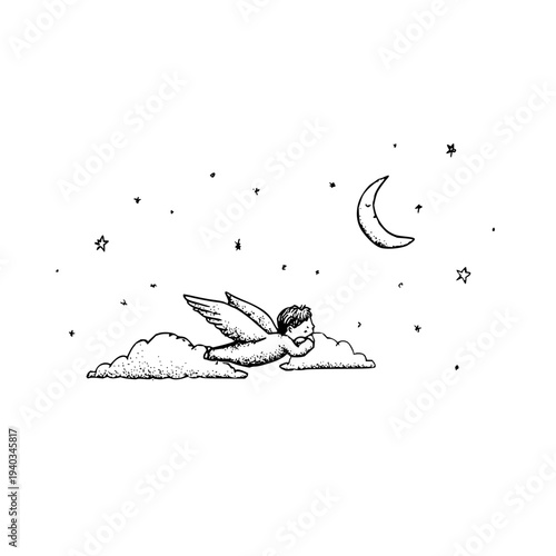Serene angel sleeping on cloud with crescent moon and stars in night sky peaceful dreamy illustration black and white drawing