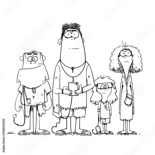 Prehistoric family illustration with caveman cavewoman and children standing together in simple black and white cartoon style