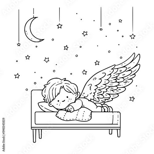 Angel child sleeping peacefully on a cloud shaped pillow under a starry night sky with a crescent moon