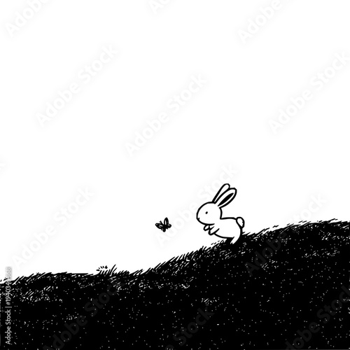 Simple black and white illustration of a rabbit and butterfly on a hill with minimalist design and negative space