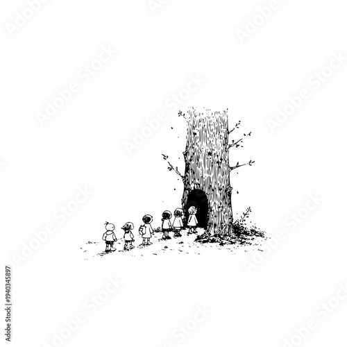 Group of children gathered around a hollow tree black and white illustration whimsical scene children exploring nature fantasy atmosphere tree trunk with opening kids in simple