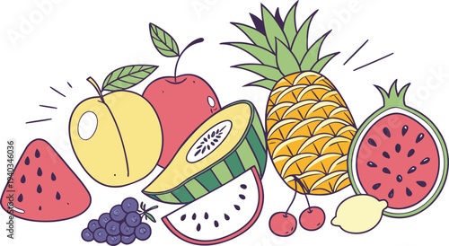 Colorful illustration of assorted fresh fruits including pineapple watermelon and dragon fruit on white background
