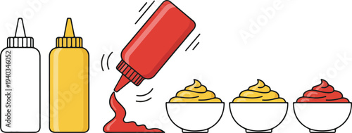Vector illustration set of ketchup mustard and mayonnaise squeezing from bottles into bowls for fast food and restaurant design